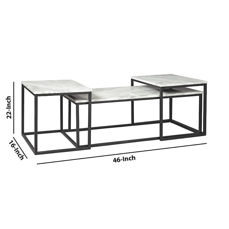 3 Piece Occasional Table, Metal Frame, Marble Top, White and Black
