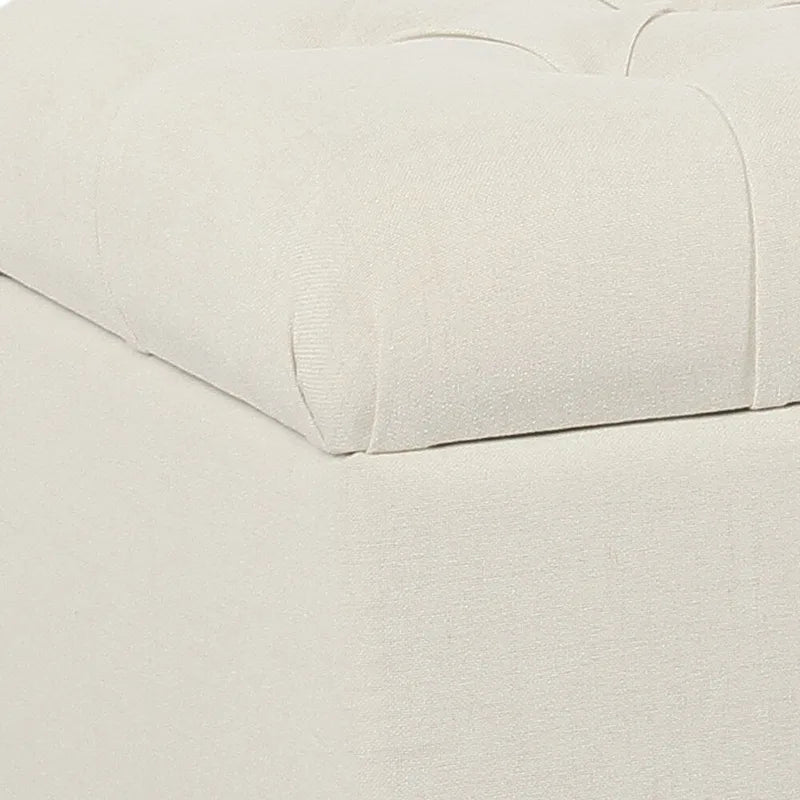 Fabric Upholstered Button Tufted Wooden Bench With Hinged Storage, White and Brown