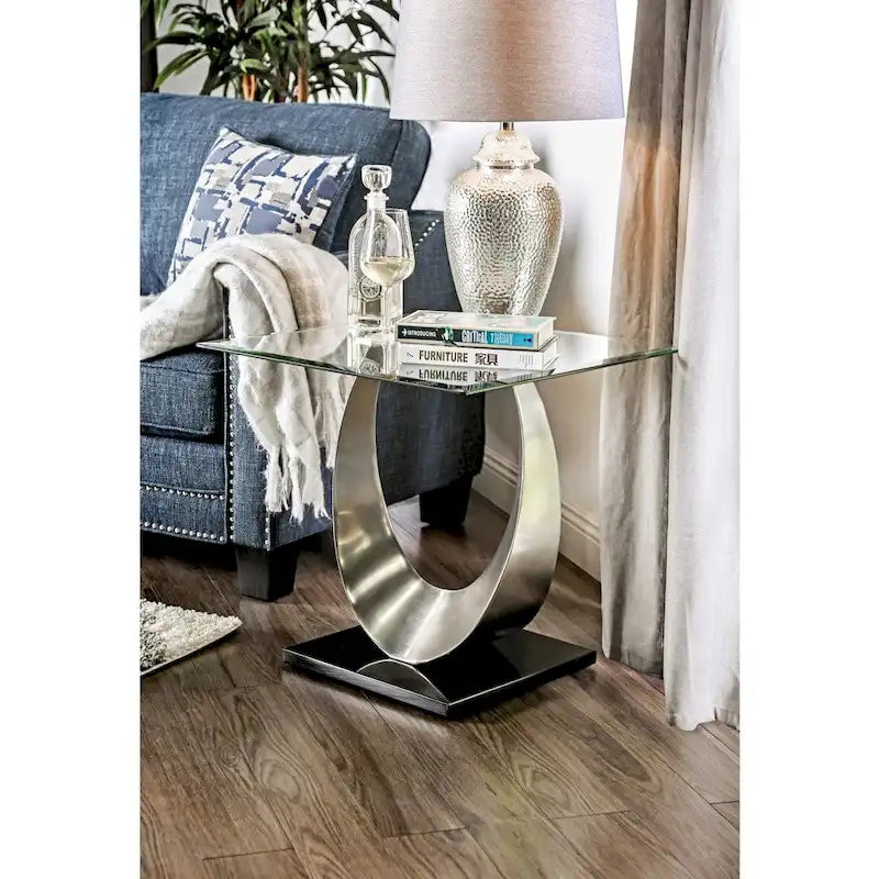 Heer Contemporary Silver 48-inch Glass Top U-shaped 2-Piece Coffee Table and End Table Set by Furniture of America