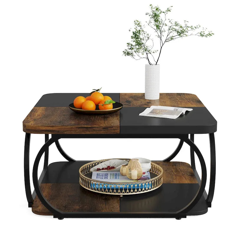 39 Inche 2-Tier Square Coffee Table with Metal Frame for Living Room