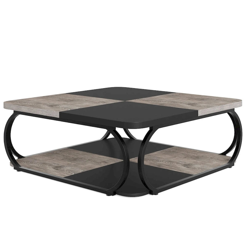 39 Inche 2-Tier Square Coffee Table with Metal Frame for Living Room