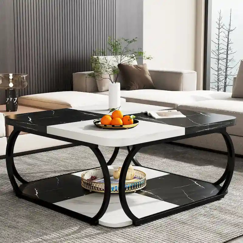 39 Inche 2-Tier Square Coffee Table with Metal Frame for Living Room