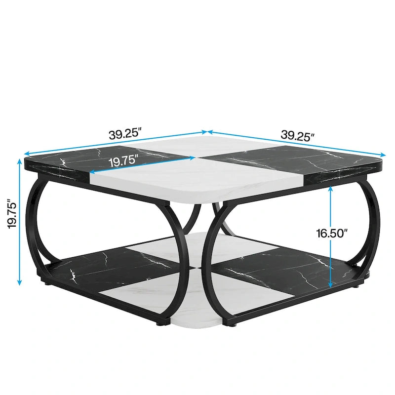 39 Inche 2-Tier Square Coffee Table with Metal Frame for Living Room