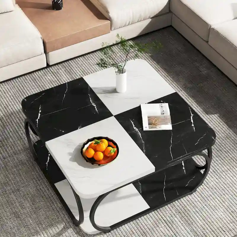 39 Inche 2-Tier Square Coffee Table with Metal Frame for Living Room