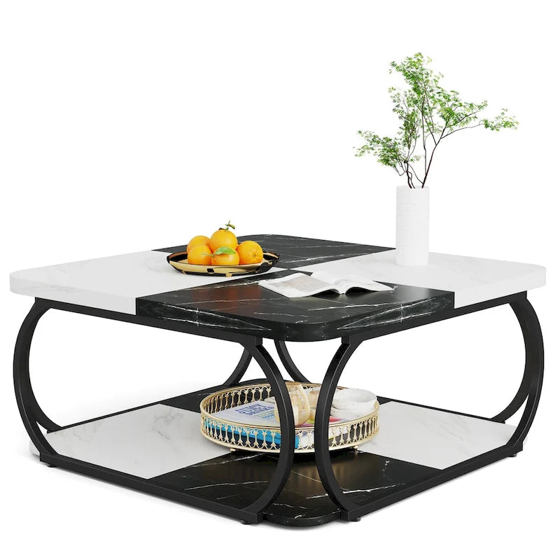 39 Inche 2-Tier Square Coffee Table with Metal Frame for Living Room