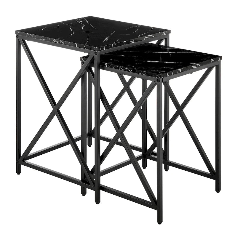 Modern Square Marble Finish Veneer Top Black Metal Frame Nesting End Tables - Set of 2