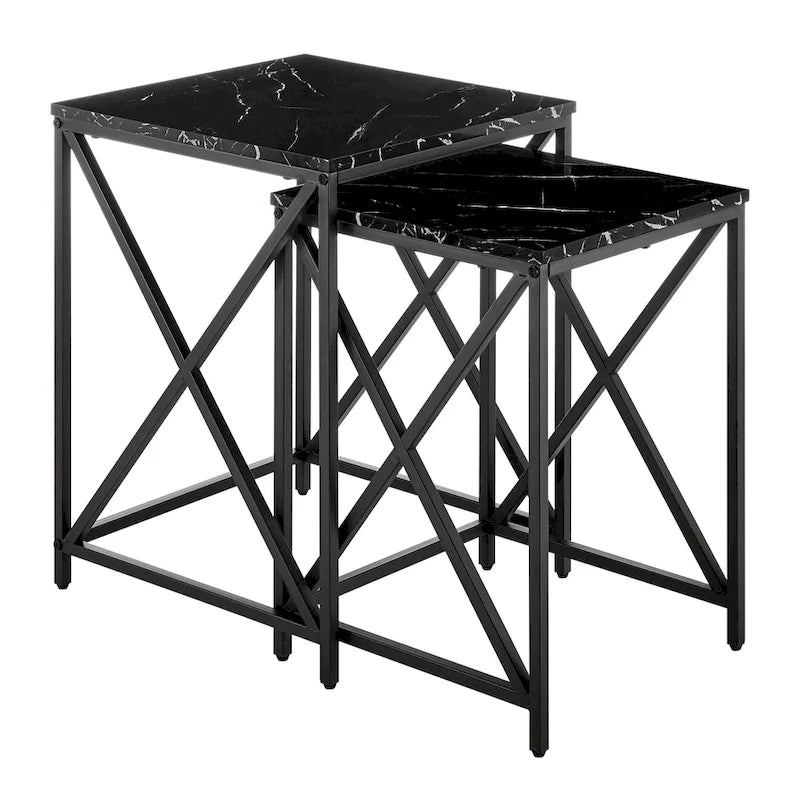 Modern Square Marble Finish Veneer Top Black Metal Frame Nesting End Tables - Set of 2