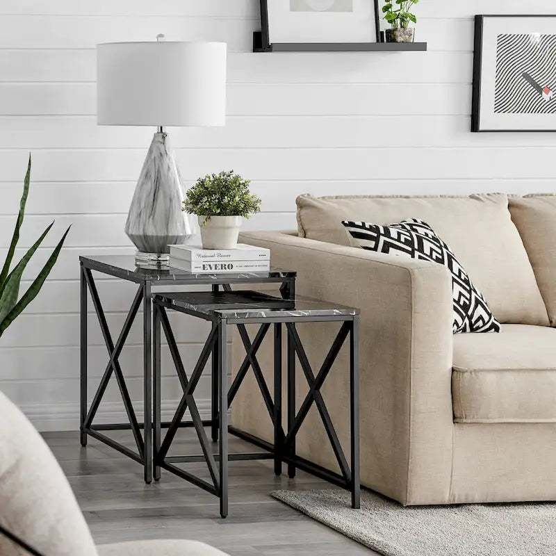 Modern Square Marble Finish Veneer Top Black Metal Frame Nesting End Tables - Set of 2