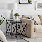 Modern Square Marble Finish Veneer Top Black Metal Frame Nesting End Tables - Set of 2