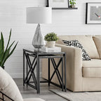 Modern Square Marble Finish Veneer Top Black Metal Frame Nesting End Tables - Set of 2