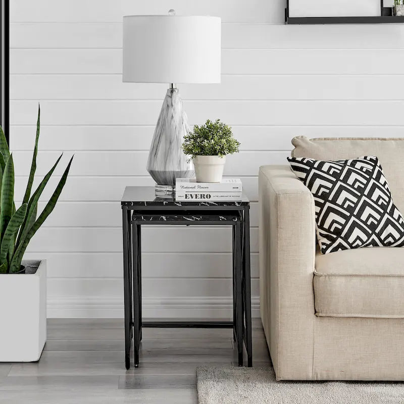 Modern Square Marble Finish Veneer Top Black Metal Frame Nesting End Tables - Set of 2