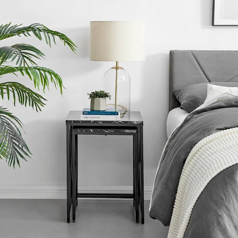 Modern Square Marble Finish Veneer Top Black Metal Frame Nesting End Tables - Set of 2