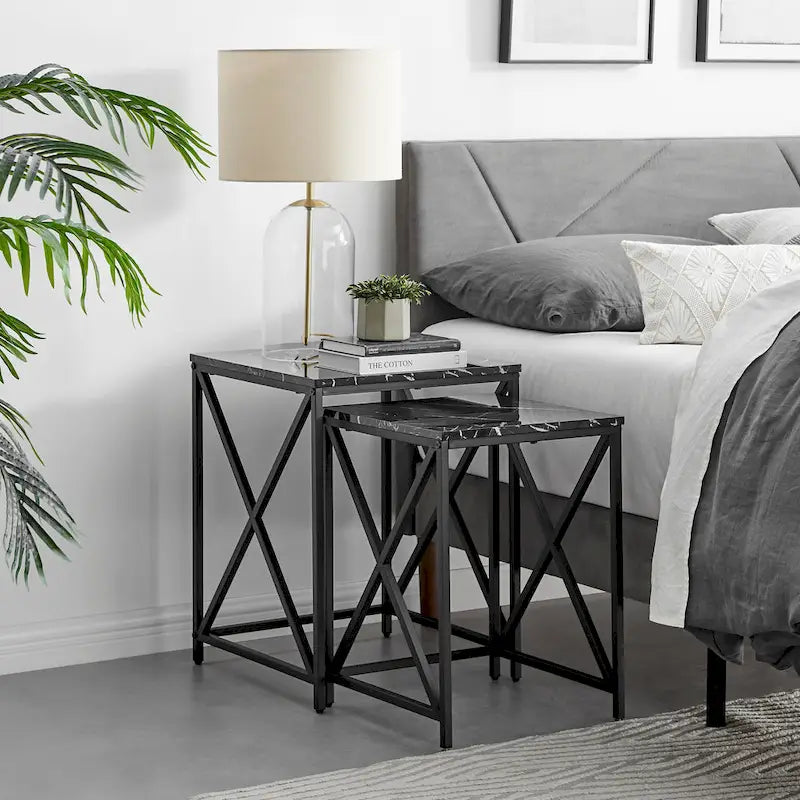 Modern Square Marble Finish Veneer Top Black Metal Frame Nesting End Tables - Set of 2