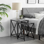 Modern Square Marble Finish Veneer Top Black Metal Frame Nesting End Tables - Set of 2