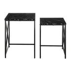 Modern Square Marble Finish Veneer Top Black Metal Frame Nesting End Tables - Set of 2