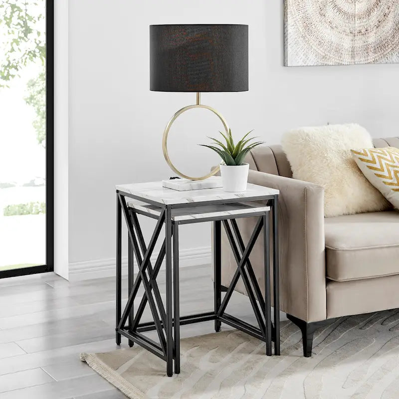 Modern Square Marble Finish Veneer Top Black Metal Frame Nesting End Tables - Set of 2