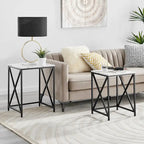 Modern Square Marble Finish Veneer Top Black Metal Frame Nesting End Tables - Set of 2