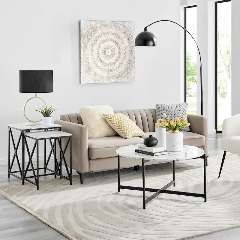 Modern Square Marble Finish Veneer Top Black Metal Frame Nesting End Tables - Set of 2