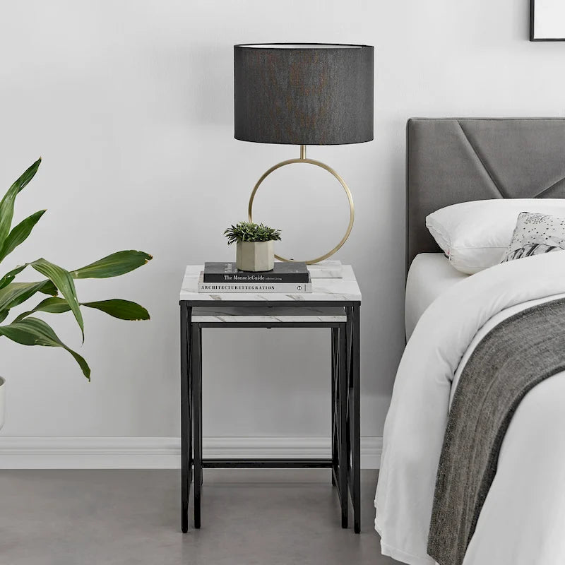 Modern Square Marble Finish Veneer Top Black Metal Frame Nesting End Tables - Set of 2