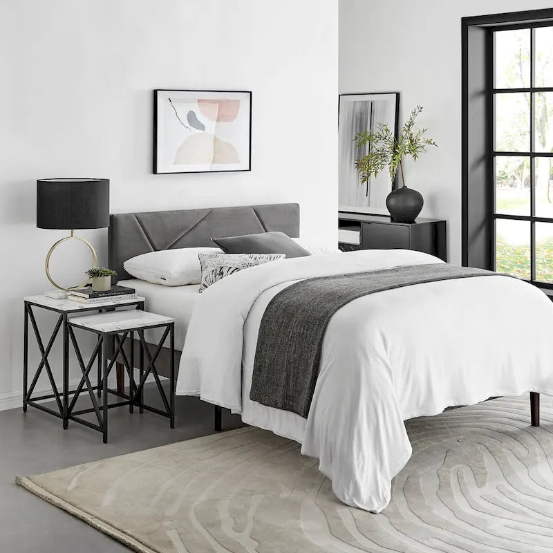 Modern Square Marble Finish Veneer Top Black Metal Frame Nesting End Tables - Set of 2