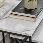 Modern Square Marble Finish Veneer Top Black Metal Frame Nesting End Tables - Set of 2