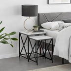 Modern Square Marble Finish Veneer Top Black Metal Frame Nesting End Tables - Set of 2