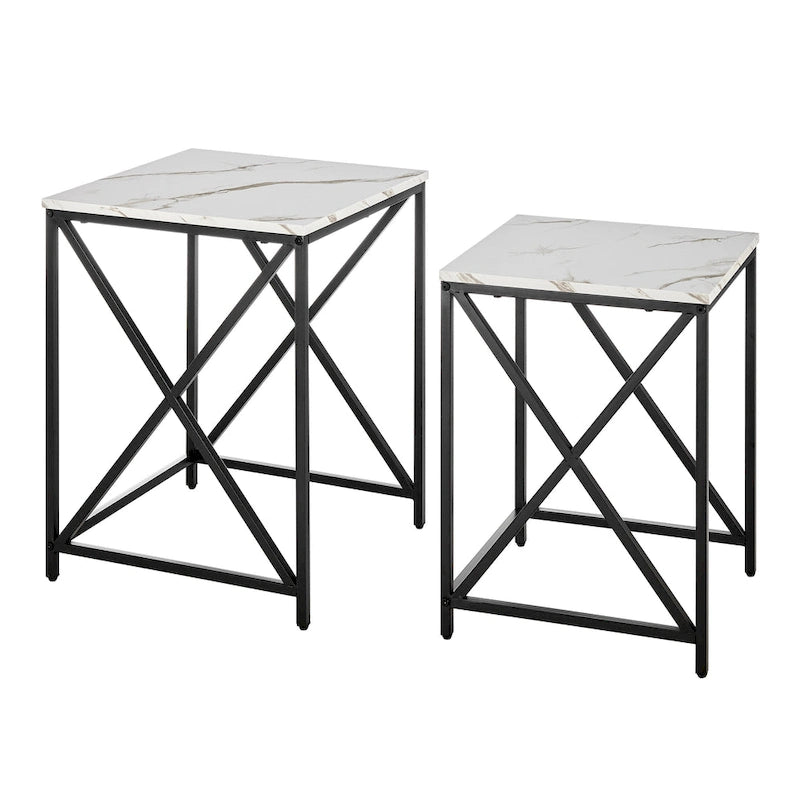 Modern Square Marble Finish Veneer Top Black Metal Frame Nesting End Tables - Set of 2