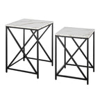 Modern Square Marble Finish Veneer Top Black Metal Frame Nesting End Tables - Set of 2