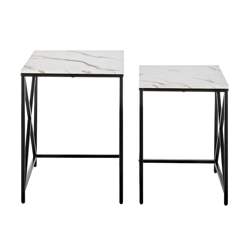 Modern Square Marble Finish Veneer Top Black Metal Frame Nesting End Tables - Set of 2