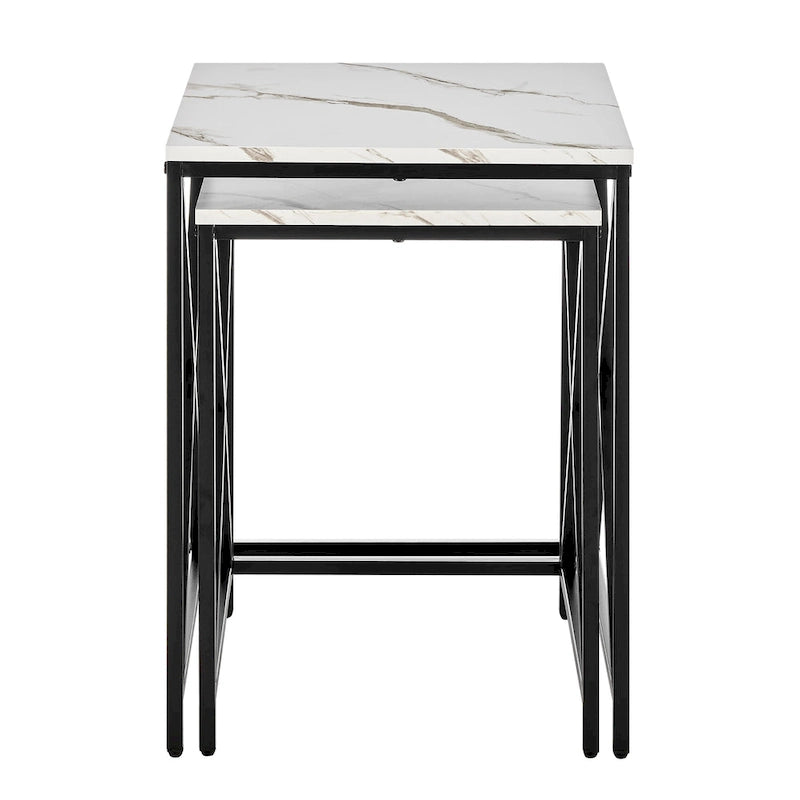 Modern Square Marble Finish Veneer Top Black Metal Frame Nesting End Tables - Set of 2
