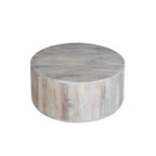 36 Inch Coffee Table, Handcrafted Drum Shape, Washed White Mango Wood
