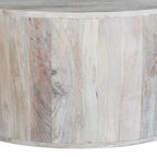36 Inch Coffee Table, Handcrafted Drum Shape, Washed White Mango Wood