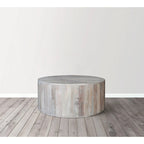 36 Inch Coffee Table, Handcrafted Drum Shape, Washed White Mango Wood
