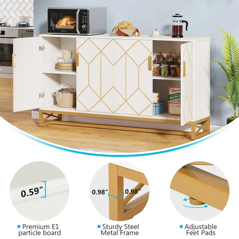 White Gold Buffet Cabinet with Storage Kitchen Sideboard Storage
