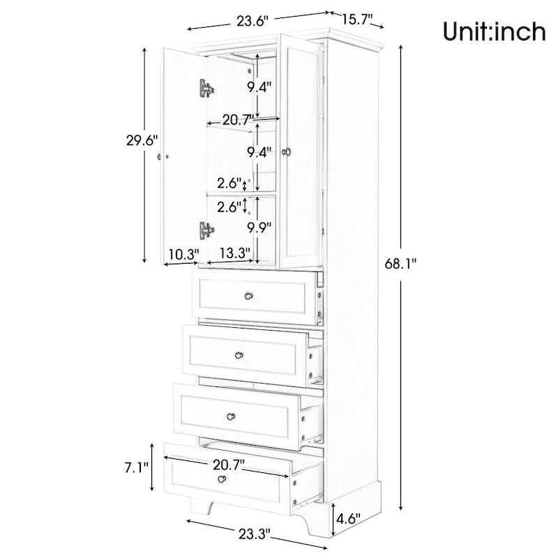 Modern Storage Cabinet with 2 Doors and 4 Drawers for Bathroom, Office