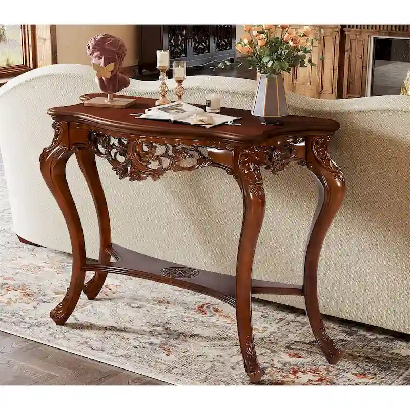 Elegant Carved Design Two-Tier Console Table for Living Room Entryway