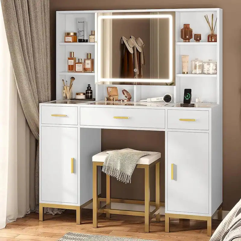 Makeup Vanity Set with Lights in 3 Colors Glass Desktop