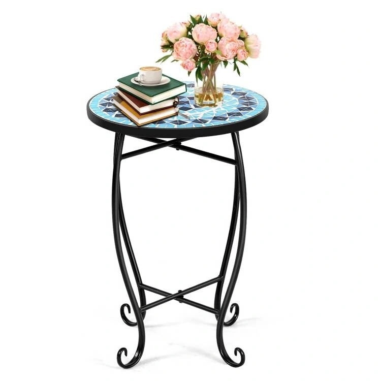 Indoor/Outdoor Blue Mosaic Round Side Accent Table Plant Stand - 14W x 14D x 21H