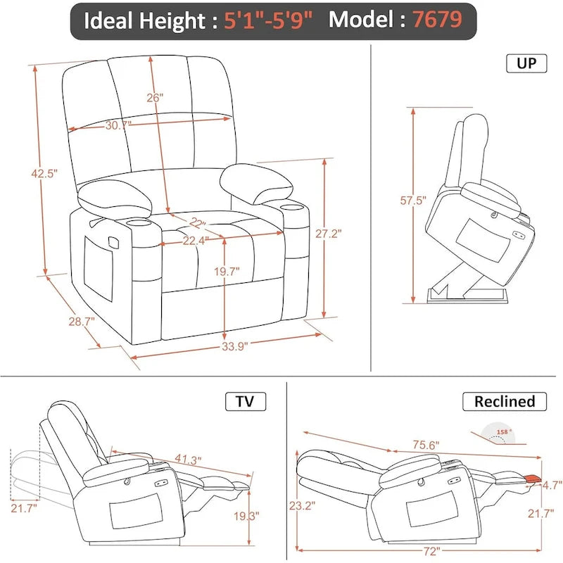 MCombo Medium Dual Motor Power Lift Recliner Chair with Massage and Heat for Elderly People, Faux Leather 7679