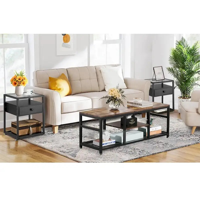 Taomika 3 Pieces Modern Coffee Table Set with Storage Shelves,Brown/Black Sets