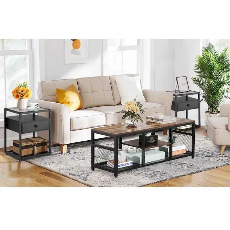 Taomika 3 Pieces Modern Coffee Table Set with Storage Shelves,Brown/Black Sets