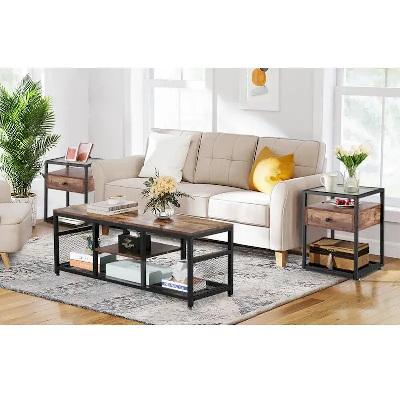 Taomika 3 Pieces Modern Coffee Table Set with Storage Shelves,Brown/Black Sets