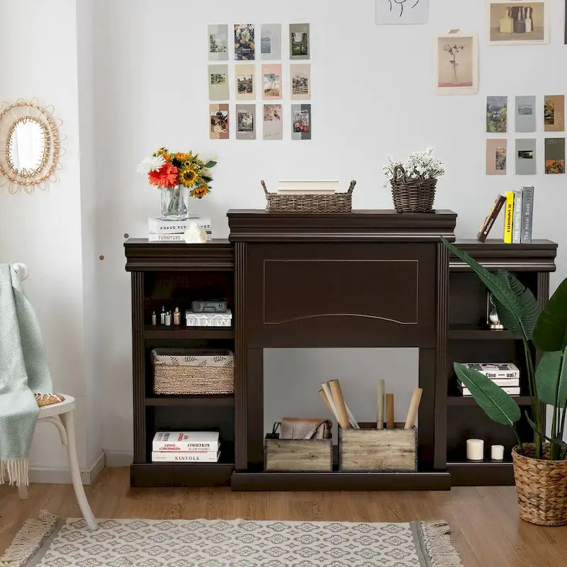 70-Inch Brown Media Entertainment Center with Bookcase and Fireplace Cabinet - 70 x 11x 45(L x W x H)