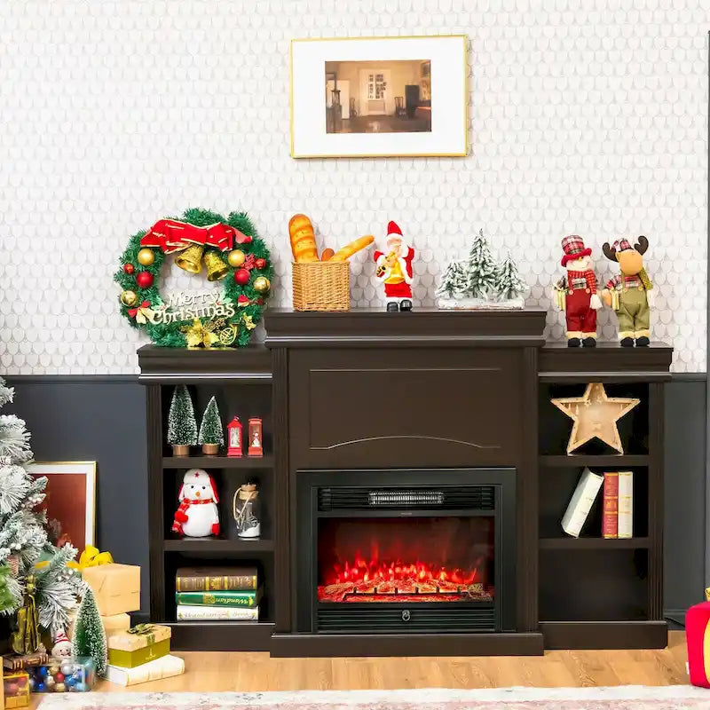 70-Inch Brown Media Entertainment Center with Bookcase and Fireplace Cabinet - 70 x 11x 45(L x W x H)