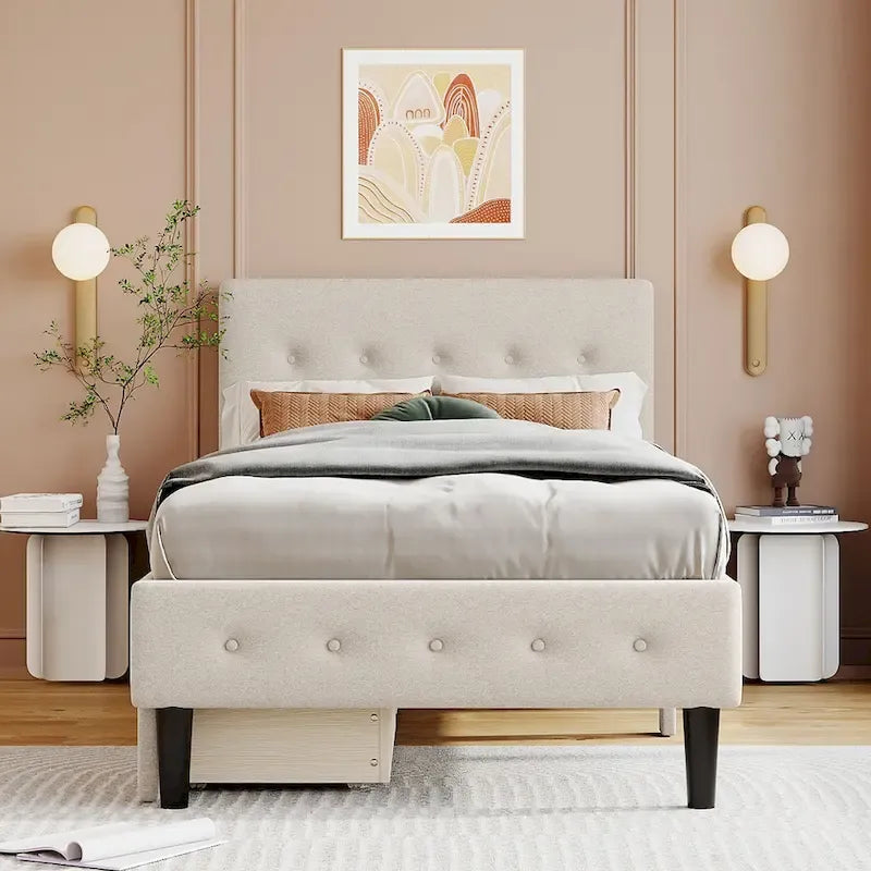 Twin Size Upholstered Platform Bed with 2 Drawers