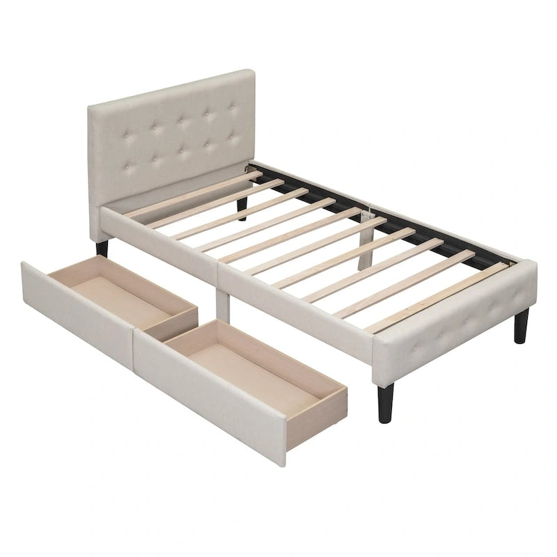 Twin Size Upholstered Platform Bed with 2 Drawers