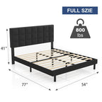 Bed Frame with Upholstered Headboard, Gray Metal Frame Wooden Slats Support.