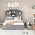 Wood Platform Bed with House-shaped Storage Headboard and 2 Drawer
