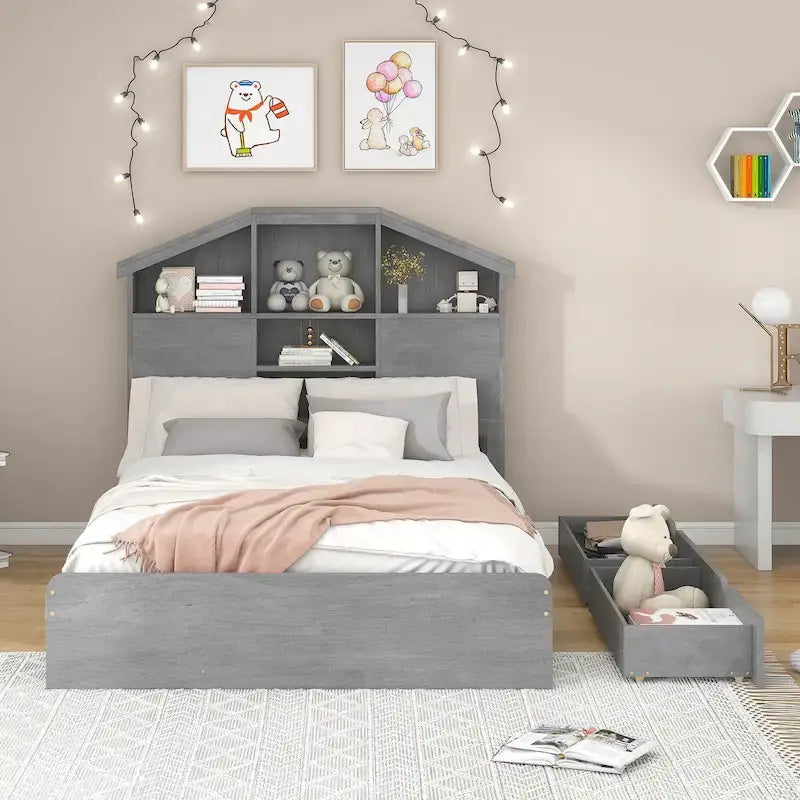 Wood Platform Bed with House-shaped Storage Headboard and 2 Drawer
