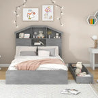 Wood Platform Bed with House-shaped Storage Headboard and 2 Drawer